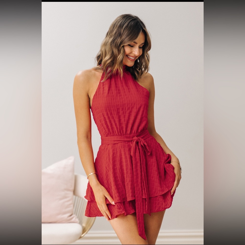 Butterfly Ruffle Round Neck Romper - Red - Picture 2 of 6